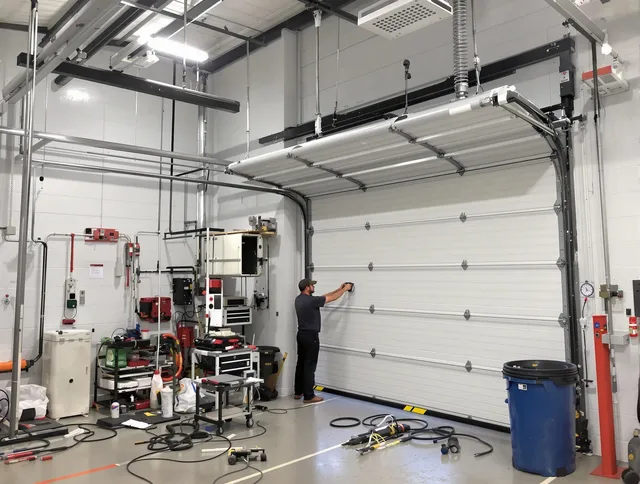 Carver Garage Door Repair certified technician performing commercial door repair at a Carver business facility