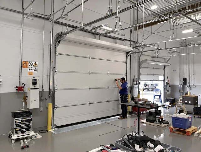 Commercial garage door repair being performed by Carver Garage Door Repair expert in Carver