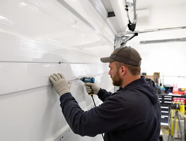 Carver Garage Door Repair technician demonstrating precision dent removal techniques on a Carver garage door