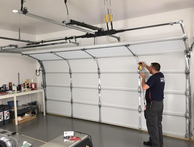 Carver Garage Door Repair certified technician performing overhead door system repair in Carver