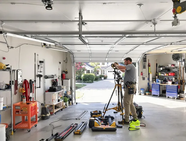Carver Garage Door Repair specialist performing laser-guided track alignment in Carver
